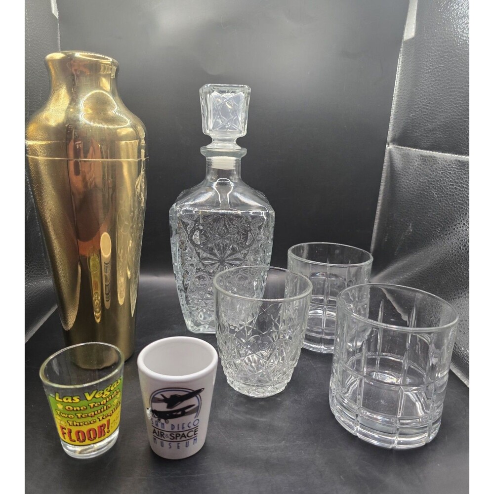Lot of 3 Bar Glasses, Mixer (No Strainer), Decanter, & 2 Shot Glasses